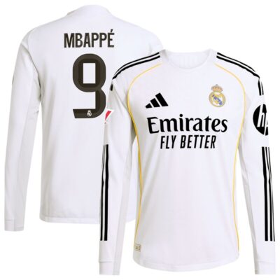 Kylian Mbappe Real Madrid 2025/26 Home Long Sleeve Jersey - White