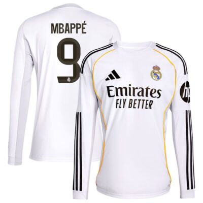 Kylian Mbappe Real Madrid 2025/26 Home Replica Long Sleeve Jersey - White
