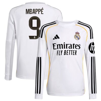 Kylian Mbappe Real Madrid Youth 2025/26 Home Replica Long Sleeve Jersey - White