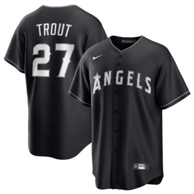 Los Angeles Angels #27 Mike Trout Black Lights Out Limited Stitched Baseball Jersey