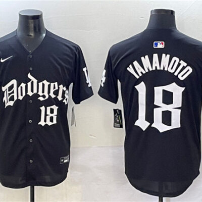 Los Angeles Dodgers #18 Yoshinobu Yamamoto Black 2025 LA Gothic Style With 2024 World Series Champions Patch Vapor Premier Limited Stitched Baseball Jersey