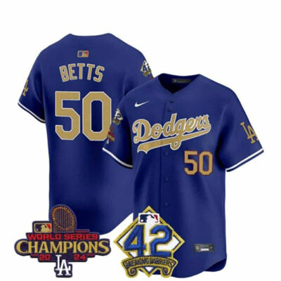 Los Angeles Dodgers #50 Mookie Betts Royal/Gold 2024 World Series Champions & #42 Jackie Robinson Patch Vapor Limited Stitched Baseball Jersey