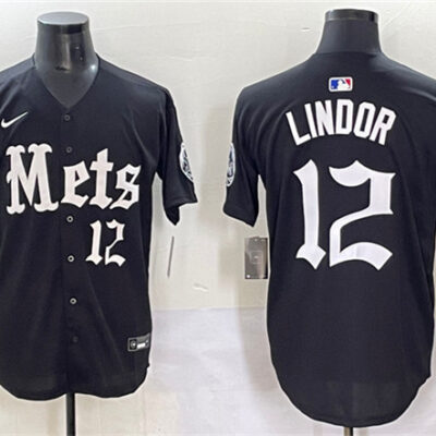 New York Mets #12 Francisco Lindor Black 'Gotham Gothic Edition' Vapor Premier Limited Stitched Baseball Jersey