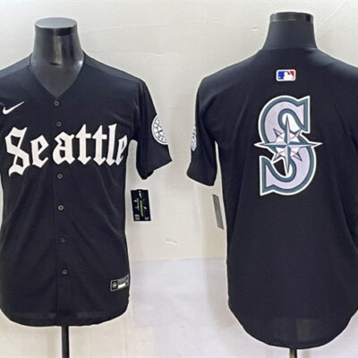 Seattle Mariners Team Big Logo Black 'Deep Sea Gothic Edition' Vapor Premier Limited Stitched Baseball Jersey