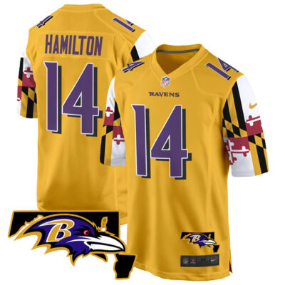 Baltimore Ravens #14 Kyle Hamilton Gold 2025 Maryland Flag Vapor Limited Football Game Jersey