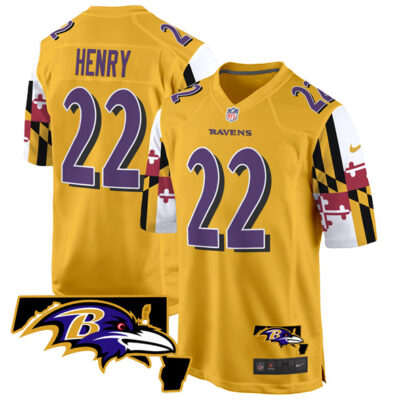 Baltimore Ravens #22 Derrick Henry Gold 2025 Maryland Flag Vapor Limited Football Game Jersey