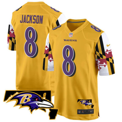 Baltimore Ravens #8 Lamar Jackson Gold 2025 Maryland Flag Vapor Limited Football Game Jersey
