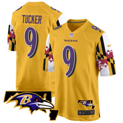 Baltimore Ravens #9 Justin Tucker Gold 2025 Maryland Flag Vapor Limited Football Game Jersey