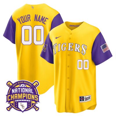 LSU Tigers 2023 National Champions Alternate & Color Sleeves Custom Jersey - Gold Sleeves