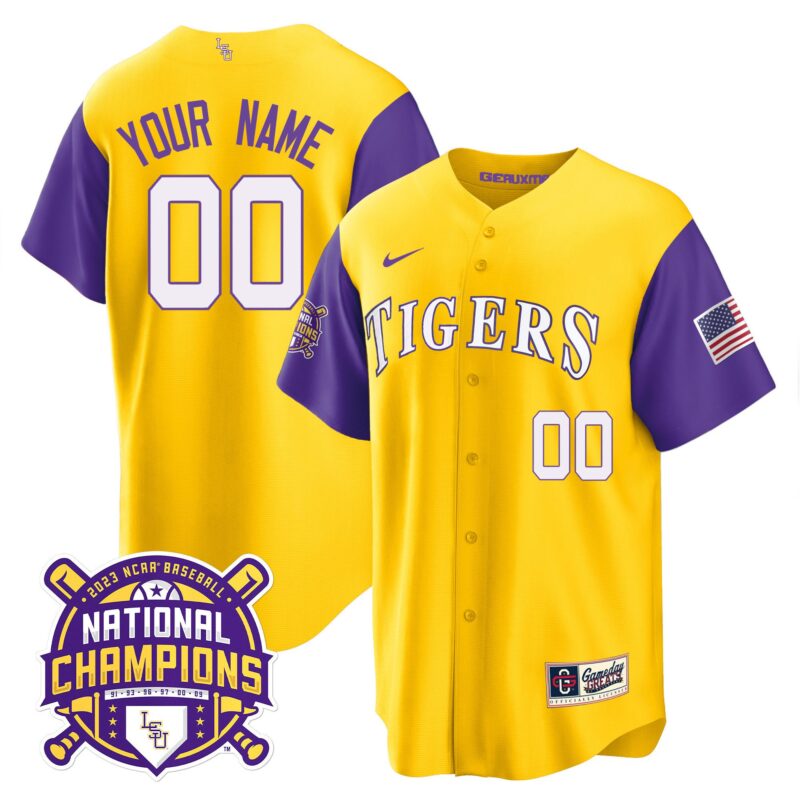 LSU Tigers 2023 National Champions Alternate & Color Sleeves Custom Jersey - Gold Sleeves