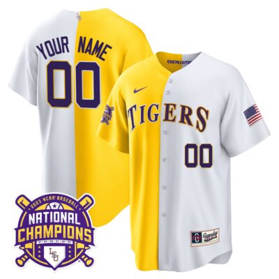 LSU Tigers 2023 National Champions Alternate & Color Sleeves Custom Jersey - Gold White
