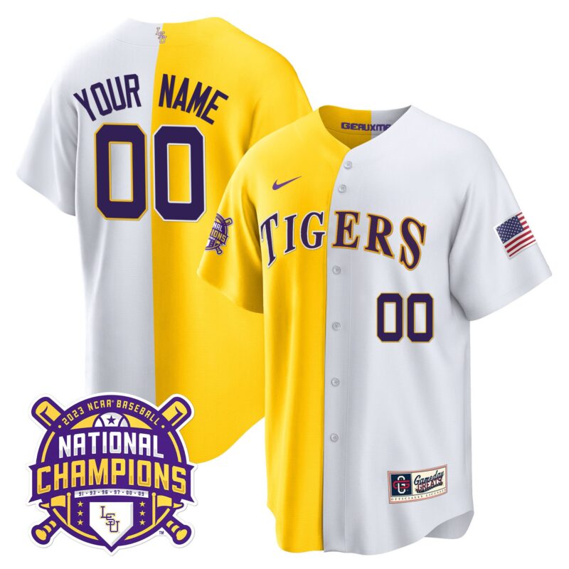 LSU Tigers 2023 National Champions Alternate & Color Sleeves Custom Jersey - Gold White