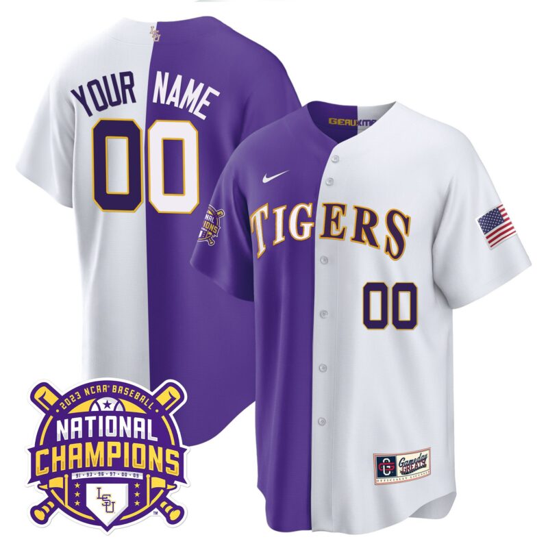 LSU Tigers 2023 National Champions Alternate & Color Sleeves Custom Jersey - Purple White