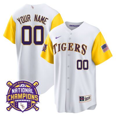 LSU Tigers 2023 National Champions Alternate & Color Sleeves Custom Jersey - White Sleeves