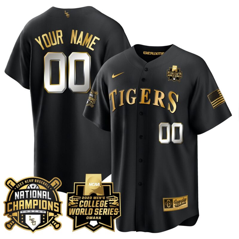 LSU Tigers 2023 National Champions Gold Cool Custom Jersey V3 - Black Limited