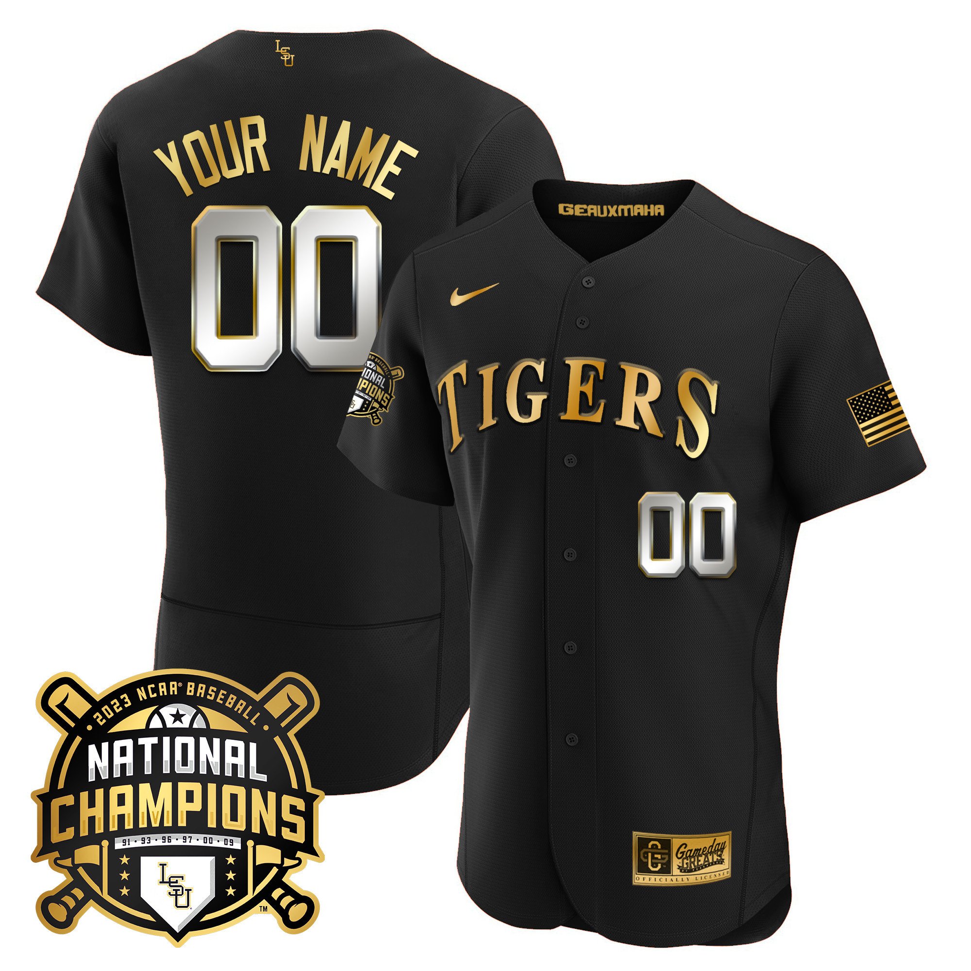 LSU Tigers 2023 National Champions Gold Flex Custom Jersey - Black Limited