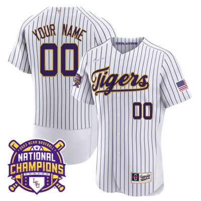 LSU Tigers 2023 National Champions Gold Flex Custom Jersey - Pinstripe