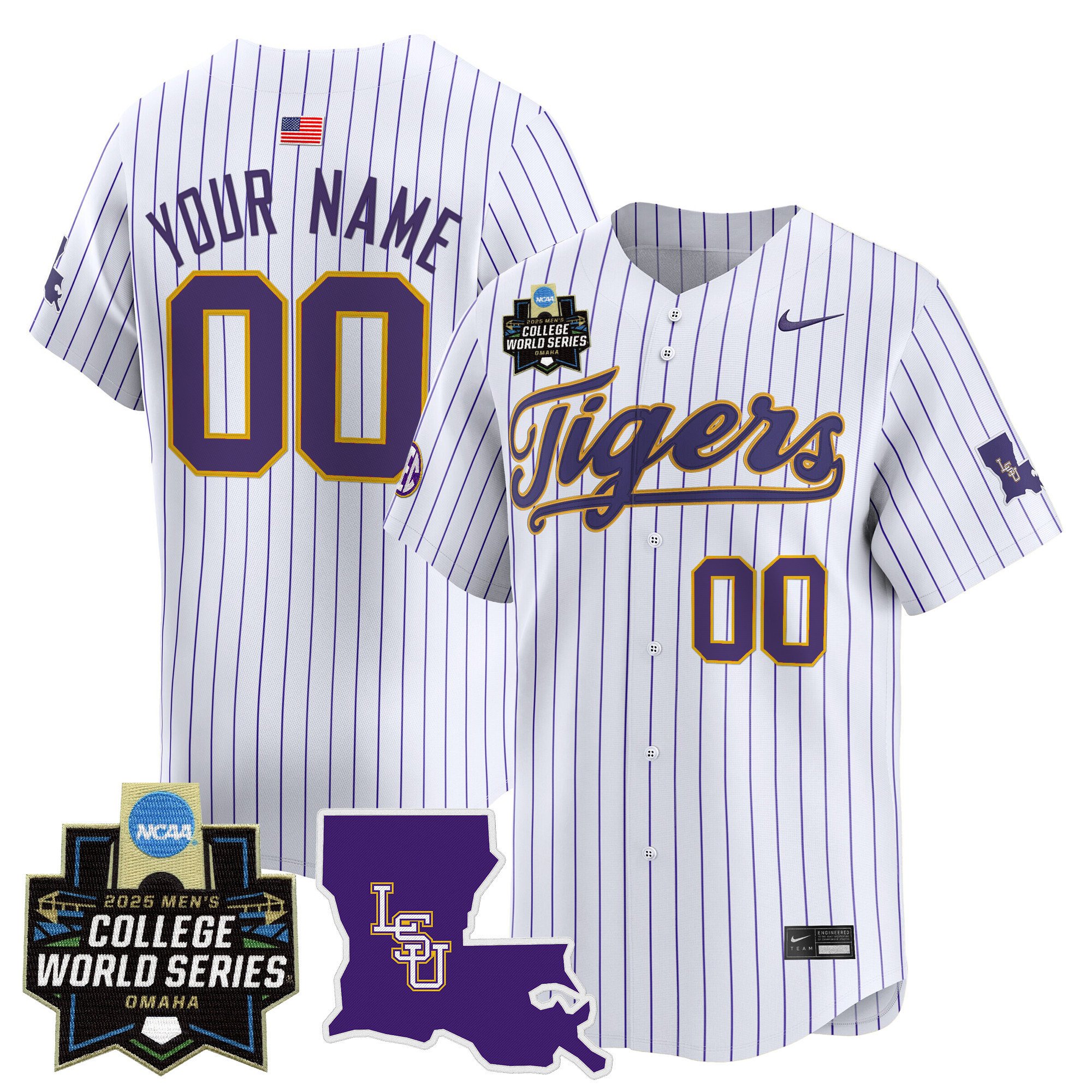 LSU Tigers 2025 World Series Vapor Premier Limited Custom Jersey - Pinstripe