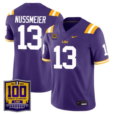 Men's LSU Tigers 100 Years of Tiger Stadium Patch Vapor Limited Jersey - Purple Garrett Nussmeier