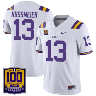 Men's LSU Tigers 100 Years of Tiger Stadium Patch Vapor Limited Jersey - White Garrett Nussmeier