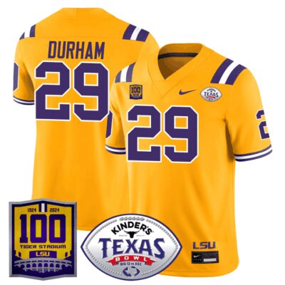 Men's LSU Tigers 100 Years of Tiger Stadium & Texas Bowl Patch Vapor Limited Jersey - Gold Caden Durham
