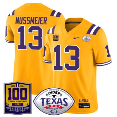 Men's LSU Tigers 100 Years of Tiger Stadium & Texas Bowl Patch Vapor Limited Jersey - Gold Garrett Nussmeier