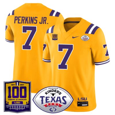 Men's LSU Tigers 100 Years of Tiger Stadium & Texas Bowl Patch Vapor Limited Jersey - Gold Harold Perkins Jr.