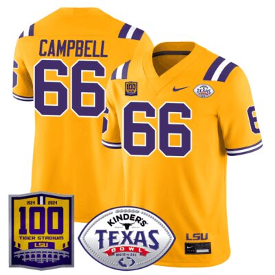 Men's LSU Tigers 100 Years of Tiger Stadium & Texas Bowl Patch Vapor Limited Jersey - Gold Will Campbell