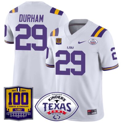 Men's LSU Tigers 100 Years of Tiger Stadium & Texas Bowl Patch Vapor Limited Jersey - White Caden Durham