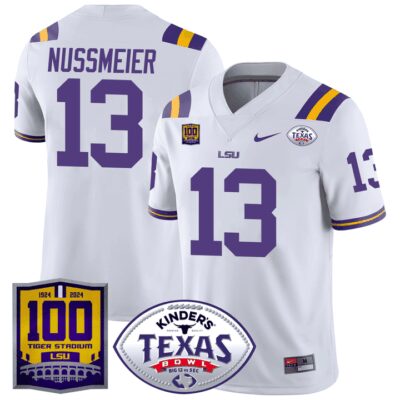 Men's LSU Tigers 100 Years of Tiger Stadium & Texas Bowl Patch Vapor Limited Jersey - White Garrett Nussmeier