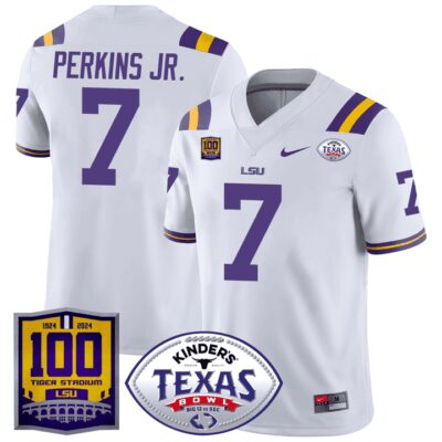 Men's LSU Tigers 100 Years of Tiger Stadium & Texas Bowl Patch Vapor Limited Jersey - White Harold Perkins Jr.