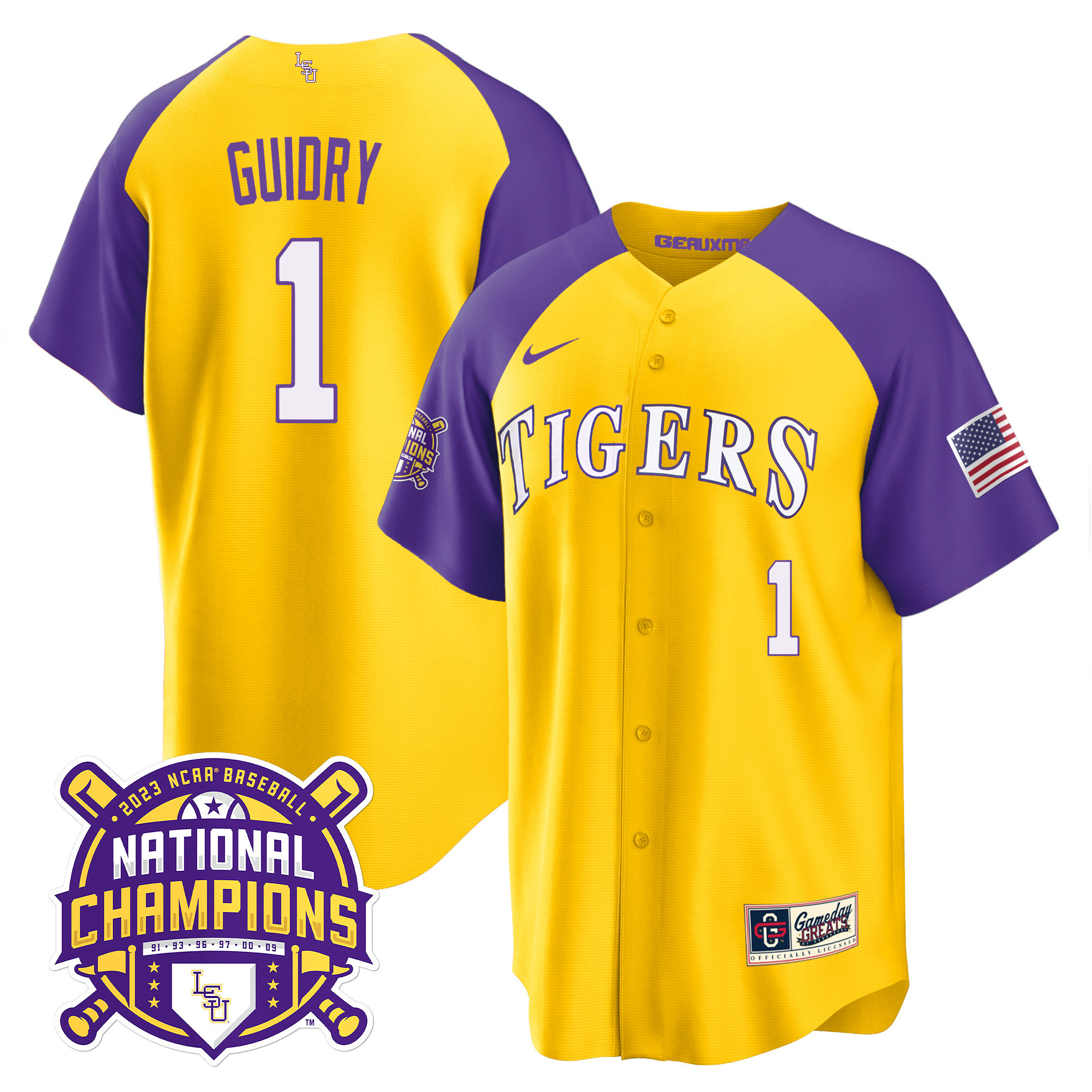 Men's LSU Tigers 2023 Champions Alternate & Color Sleeves Jersey - Weylin Guidry