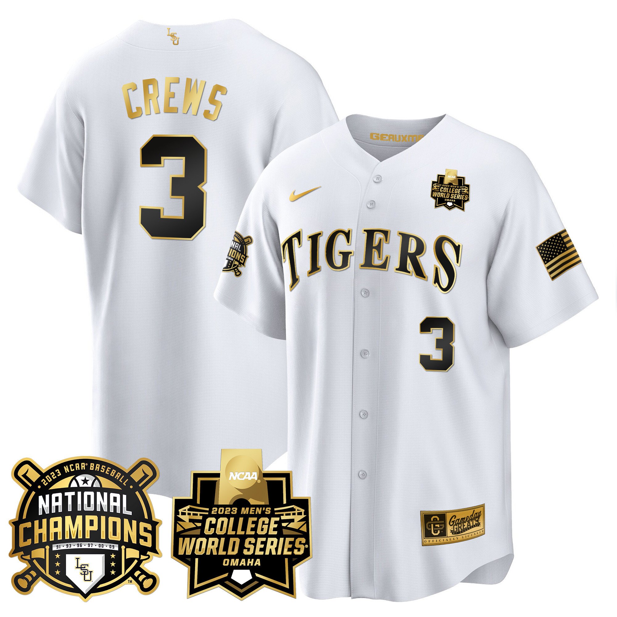 Men's LSU Tigers 2023 National Champions Gold Cool Jersey V3 - Dylan Crews