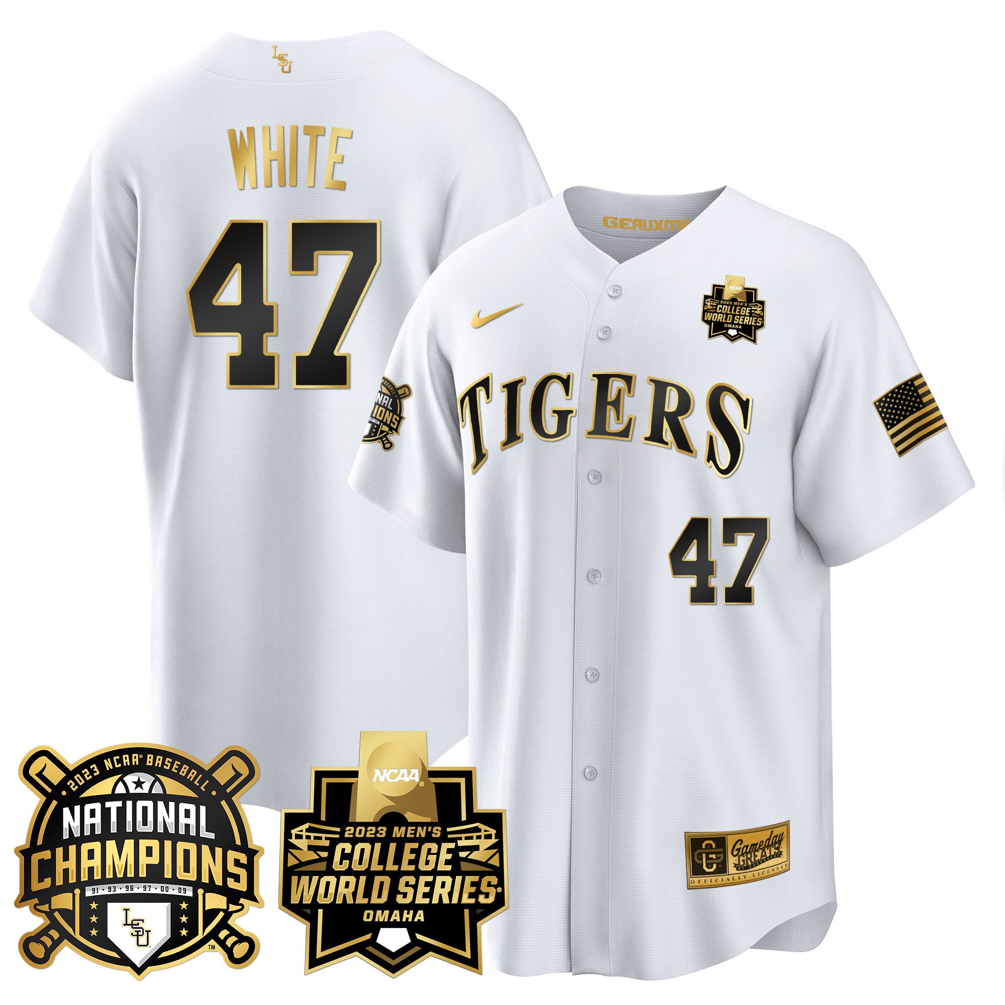 Men's LSU Tigers 2023 National Champions Gold Cool Jersey V3 - Tommy White