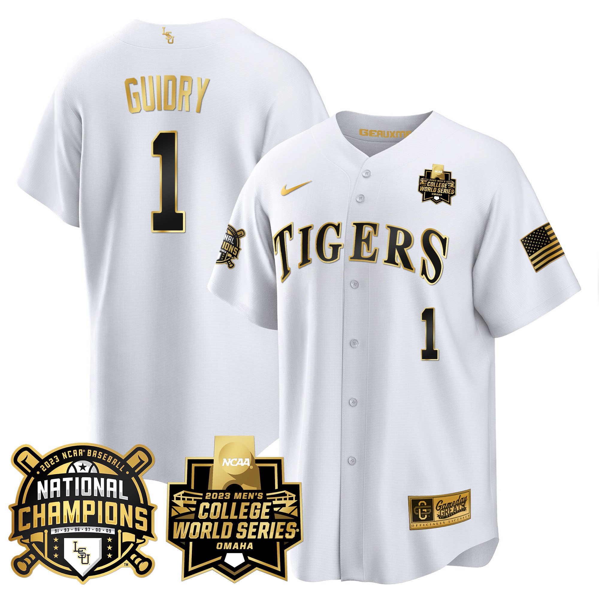Men's LSU Tigers 2023 National Champions Gold Cool Jersey V3 - Weylin Guidry