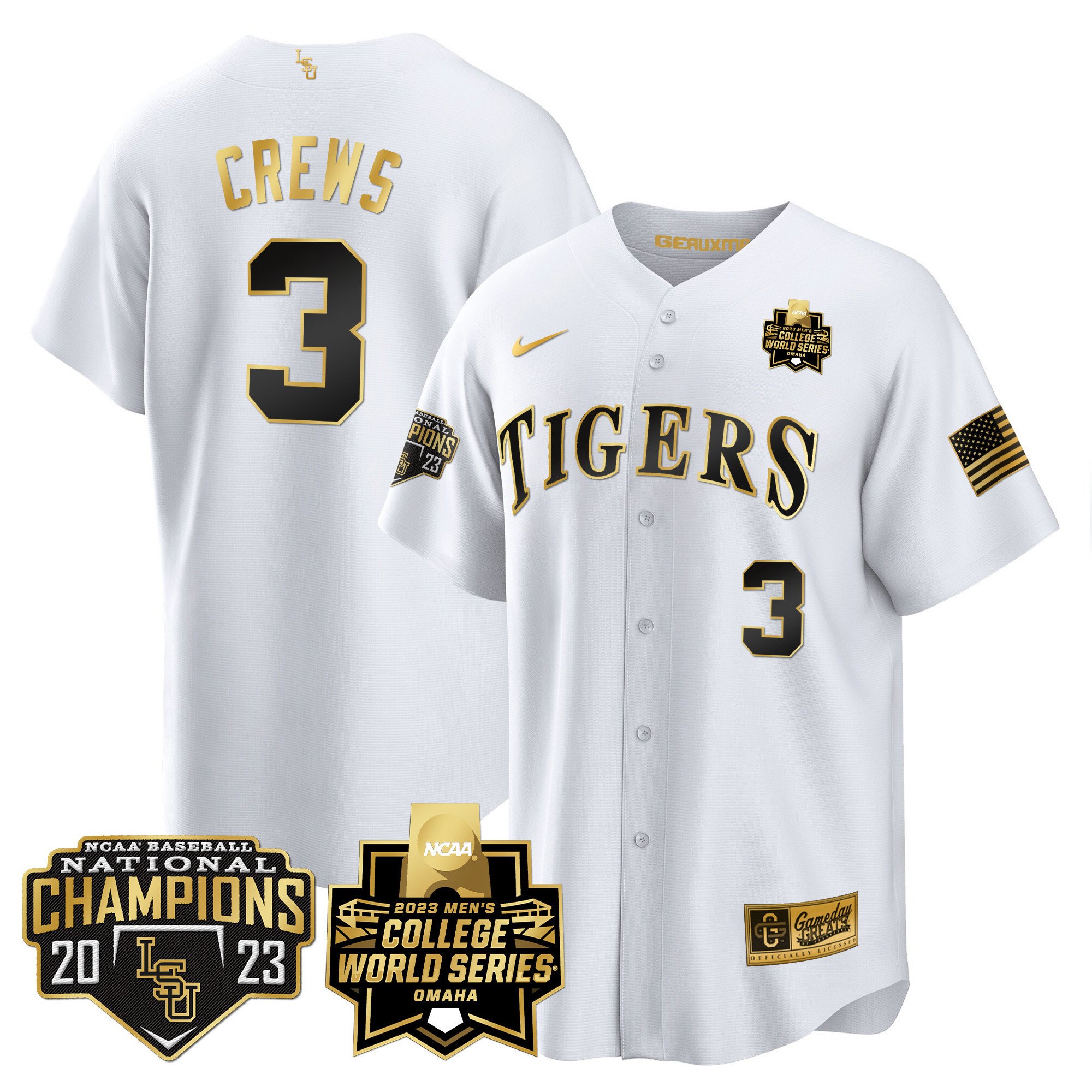 Men's LSU Tigers 2023 National Champions Gold Cool Jersey V4 - Dylan Crews