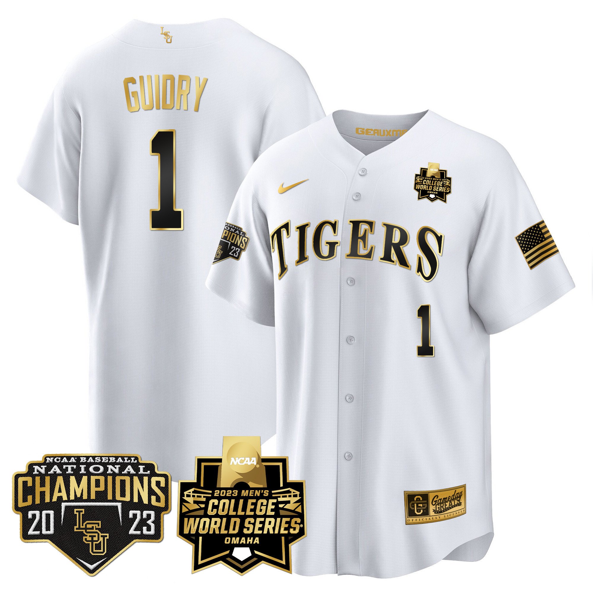 Men's LSU Tigers 2023 National Champions Gold Cool Jersey V4 - Weylin Guidry