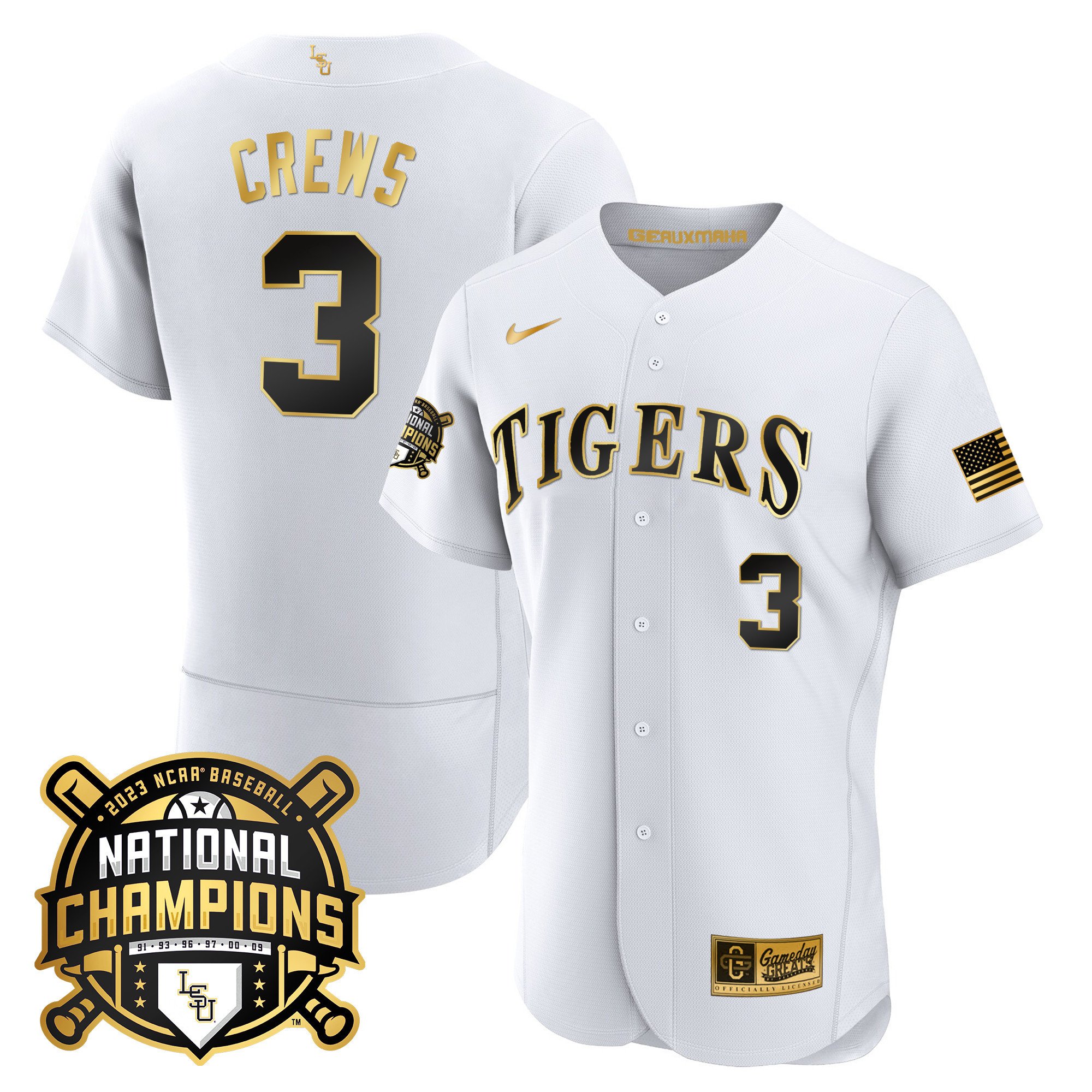 Men's LSU Tigers 2023 National Champions Gold Flex Jersey - Dylan Crews