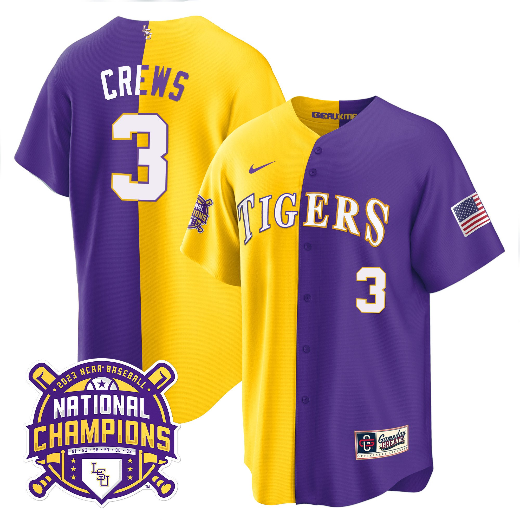 Men's LSU Tigers 2023 National Champions Split Jersey - Dylan Crews