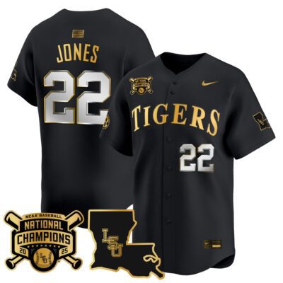 Men's LSU Tigers 2025 College World Series Champions Gold Vapor Premier Limited Jersey - Black Gold Jared Jones