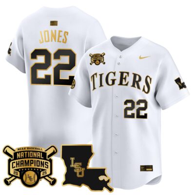 Men's LSU Tigers 2025 College World Series Champions Gold Vapor Premier Limited Jersey - White Gold Jared Jones