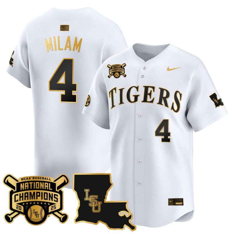 Men's LSU Tigers 2025 College World Series Champions Gold Vapor Premier Limited Jersey - White Gold Steven Milam