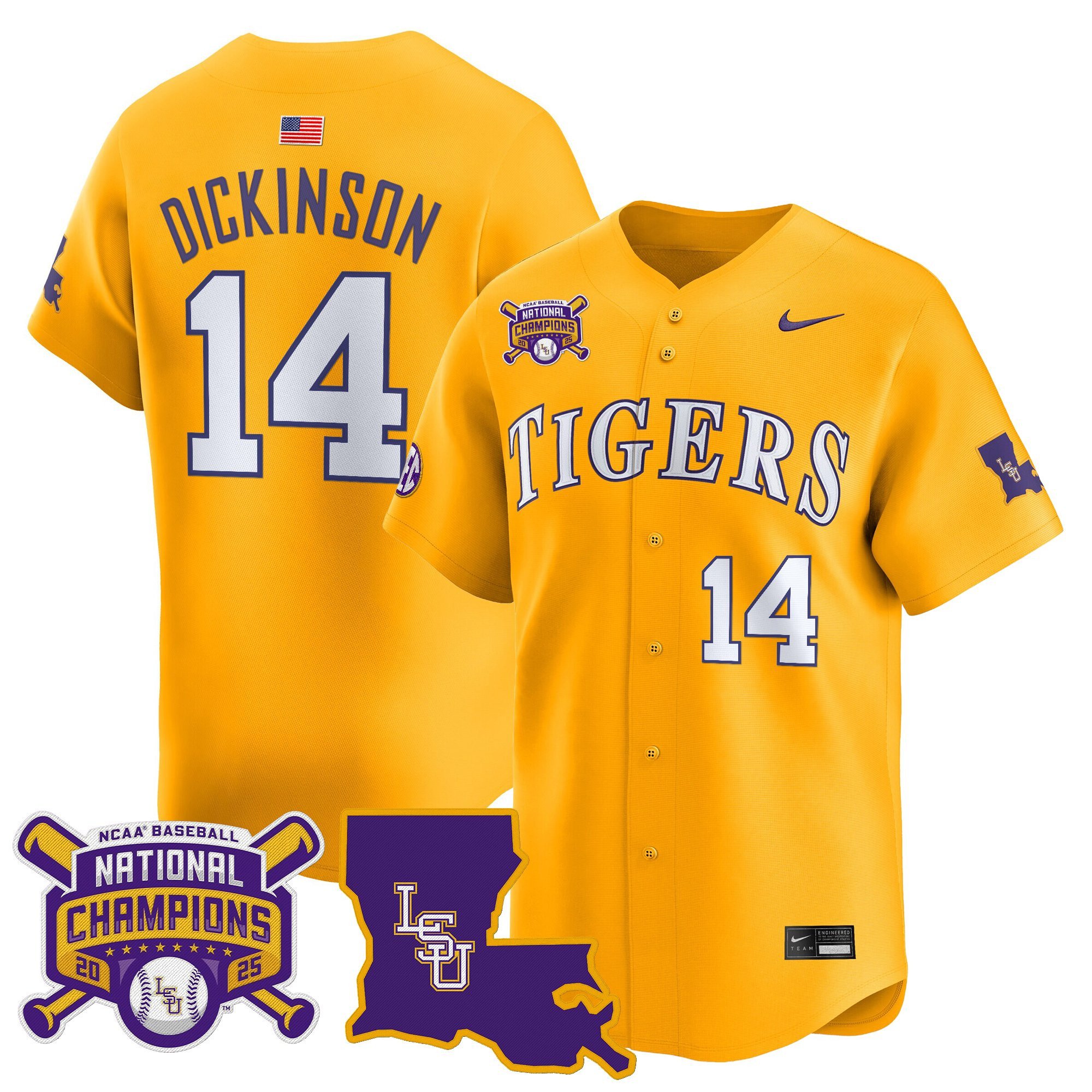Men's LSU Tigers 2025 College World Series Champions Vapor Premier Limited Jersey - Gold Daniel Dickinson