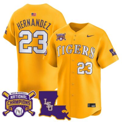 Men's LSU Tigers 2025 College World Series Champions Vapor Premier Limited Jersey - Gold Luis Hernandez