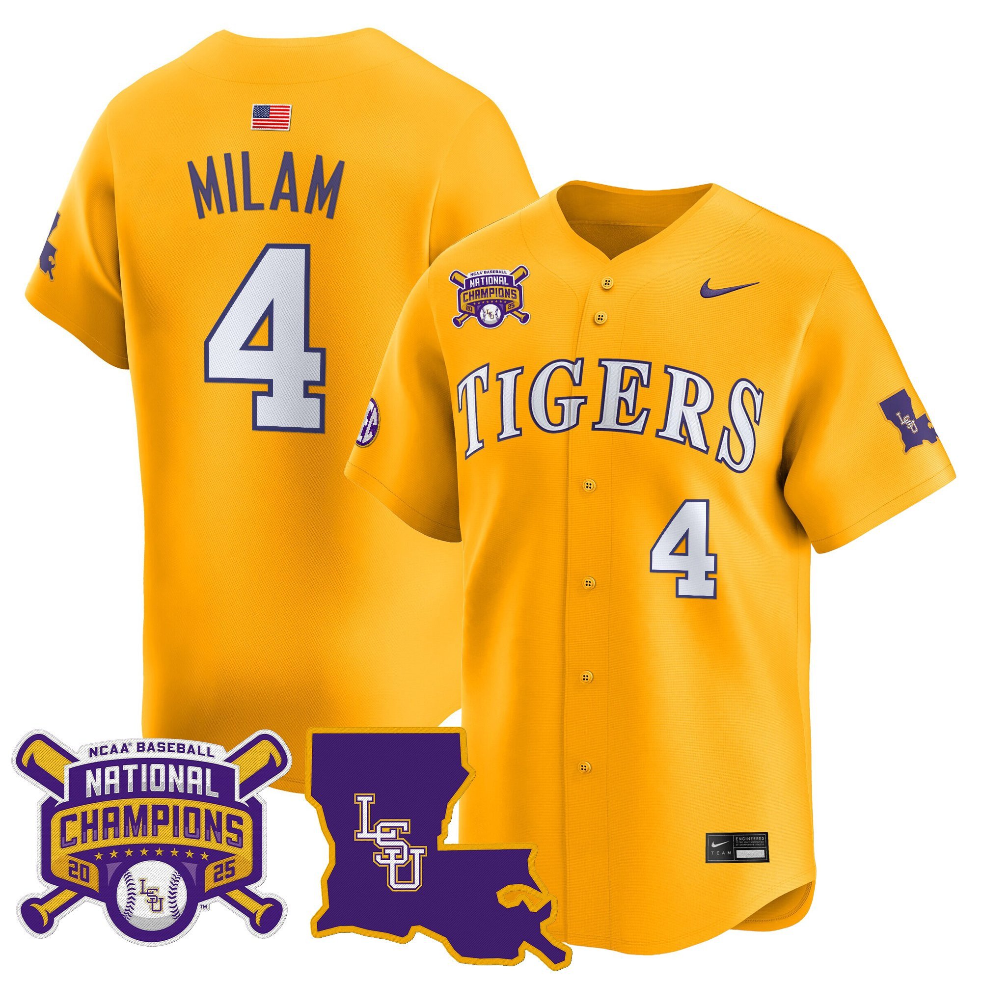 Men's LSU Tigers 2025 College World Series Champions Vapor Premier Limited Jersey - Gold Steven Milam