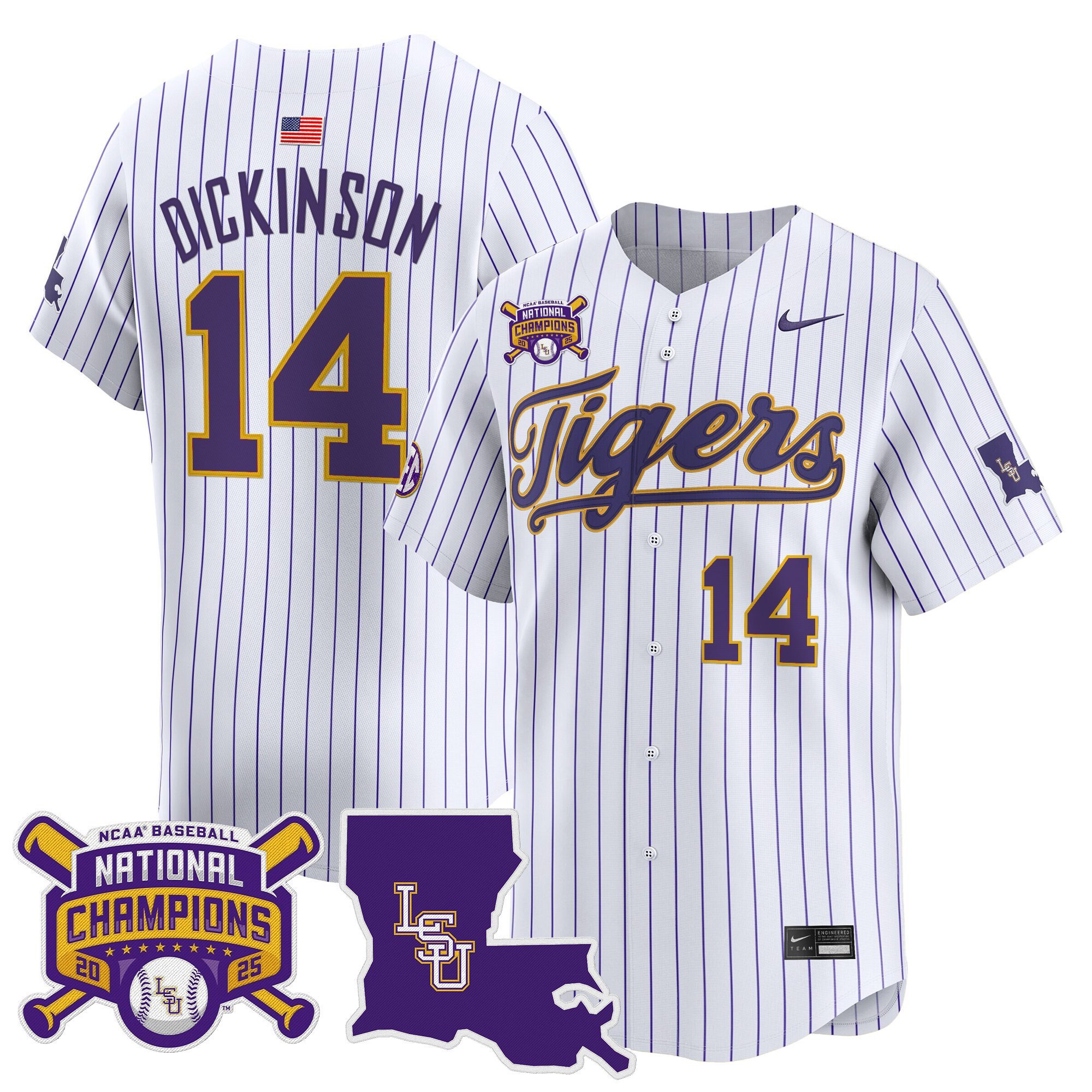 Men's LSU Tigers 2025 College World Series Champions Vapor Premier Limited Jersey - Pinstripe Daniel Dickinson