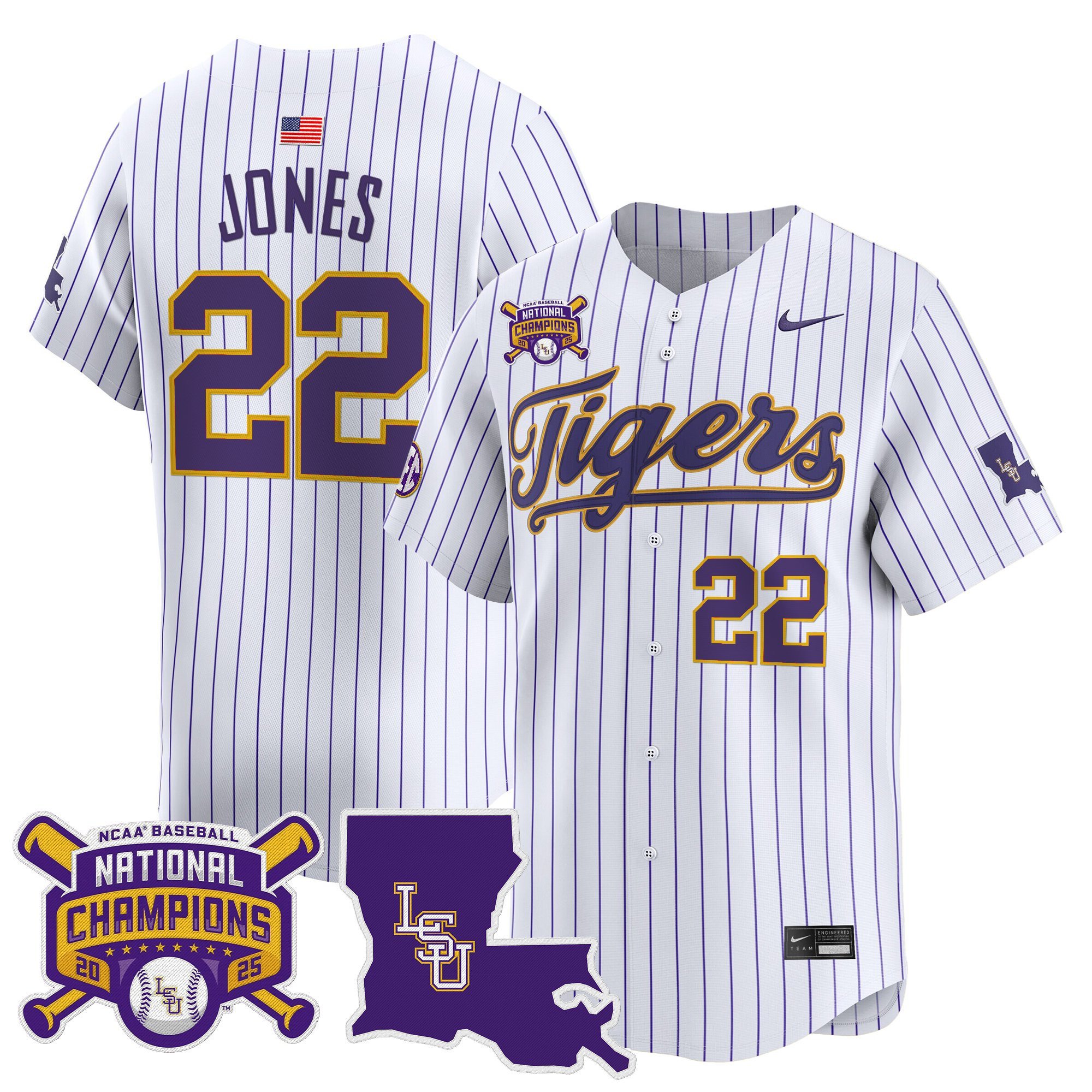 Men's LSU Tigers 2025 College World Series Champions Vapor Premier Limited Jersey - Pinstripe Jared Jones