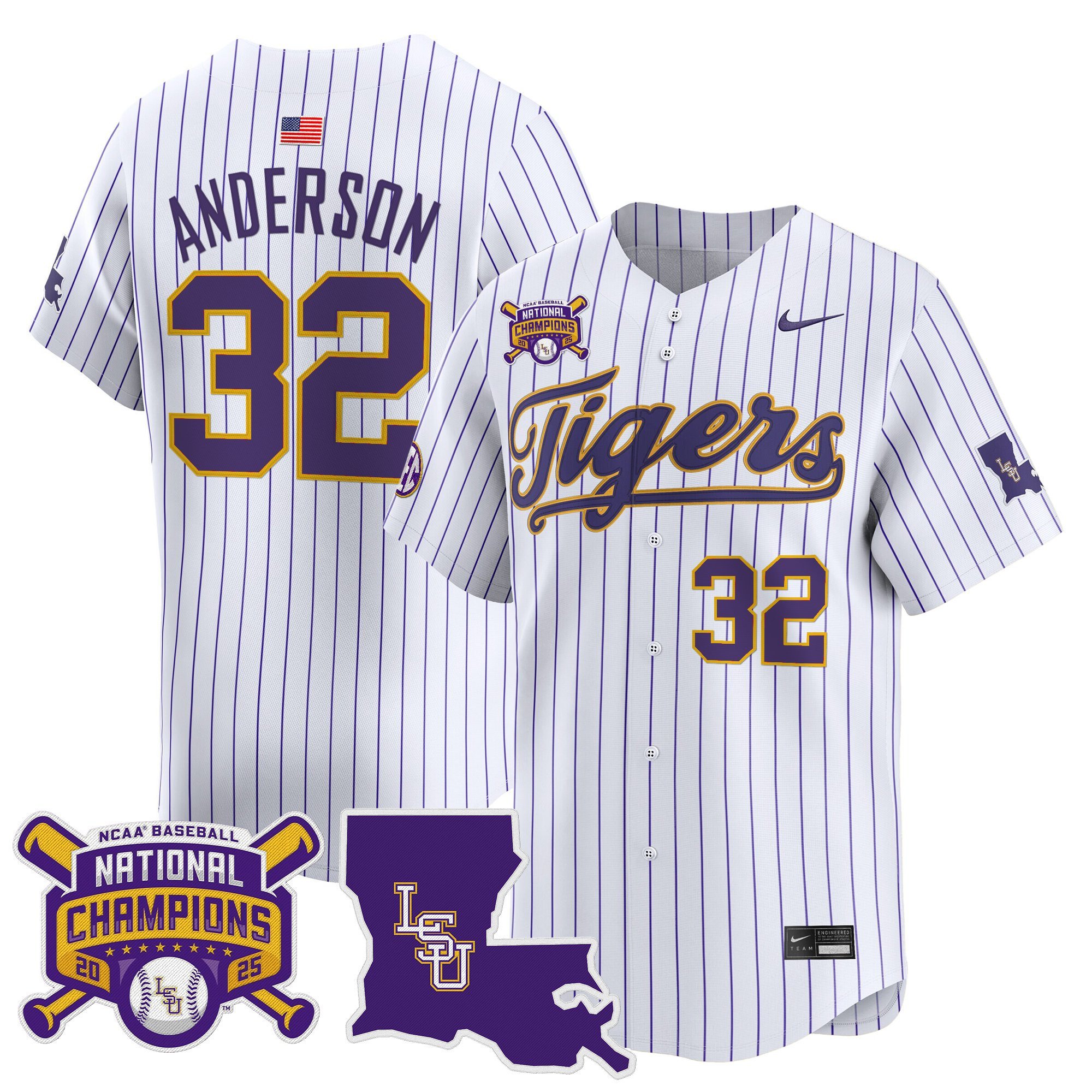 Men's LSU Tigers 2025 College World Series Champions Vapor Premier Limited Jersey - Pinstripe Kade Anderson