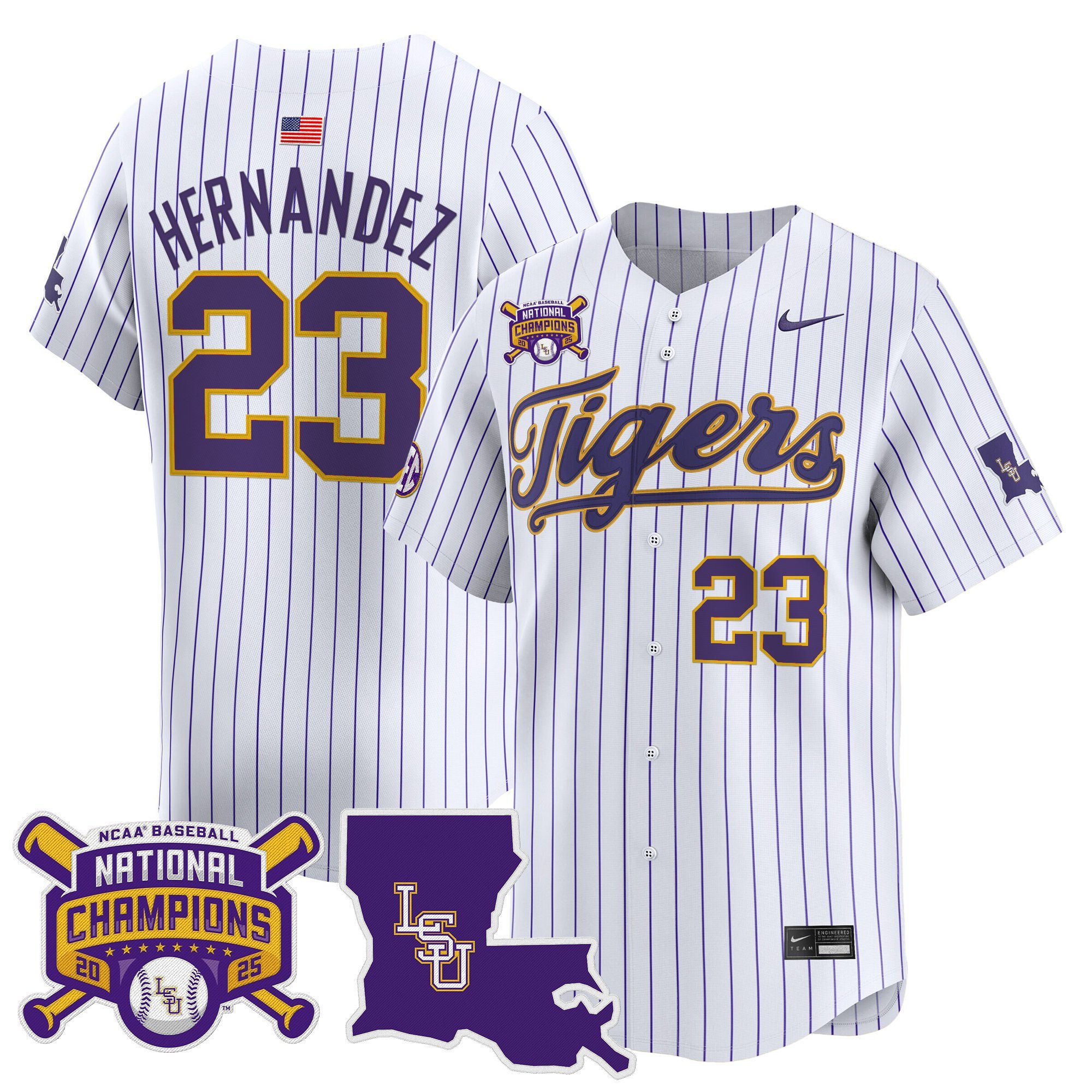 Men's LSU Tigers 2025 College World Series Champions Vapor Premier Limited Jersey - Pinstripe Luis Hernandez