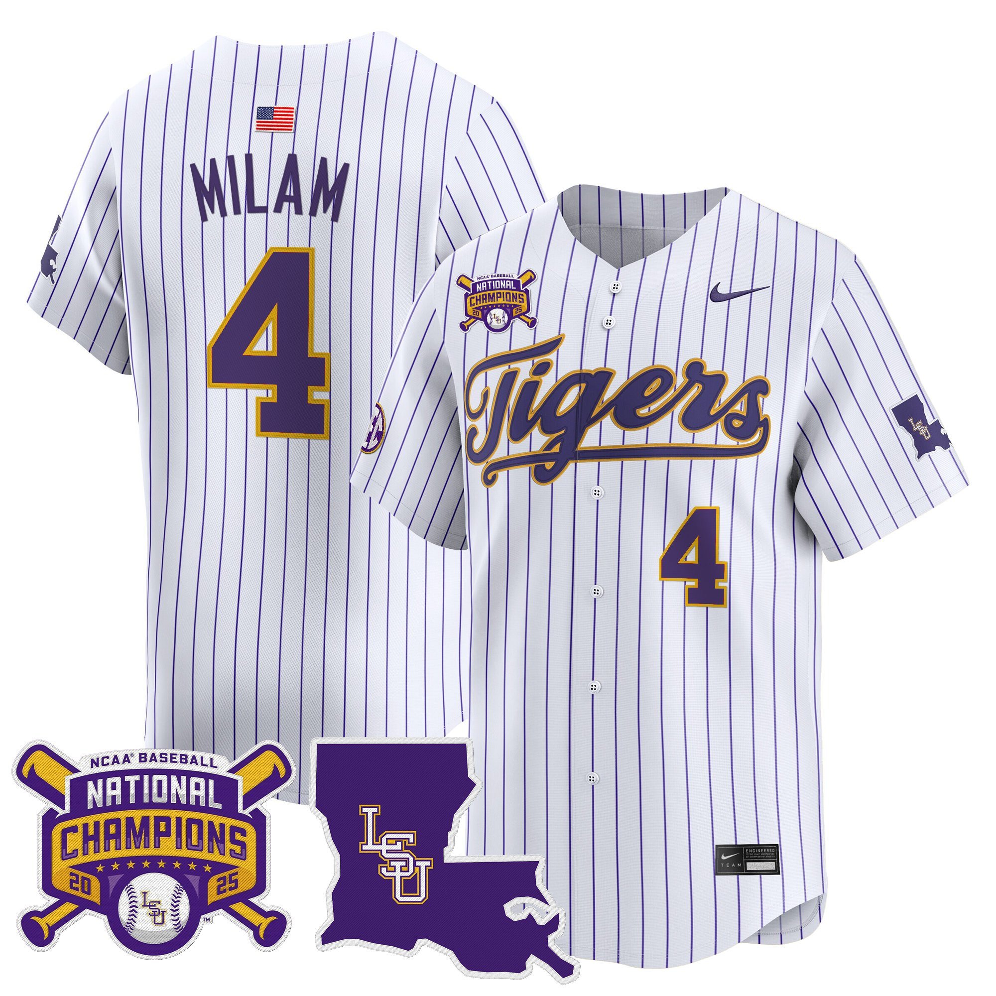 Men's LSU Tigers 2025 College World Series Champions Vapor Premier Limited Jersey - Pinstripe Steven Milam